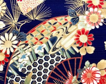 Cosmo Fans and Flowers Japanese cotton shantung fabric AP31701-2E dark blue red gold