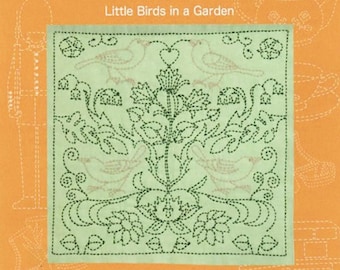Tulip Sashiko World England "Little Birds in a Garden" sashiko sampler kit with cotton fabric, thread, and needle from Japan KSW-028
