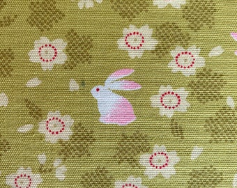 Rabbits and Cherry Blossoms Japanese cotton fabric 3060-27D tea green