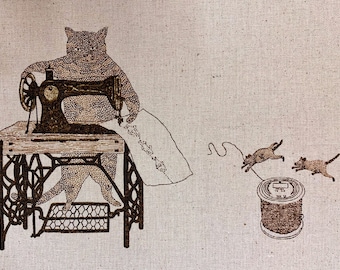 Purr-fect Stitches Cats with Sewing Machines Japanese cotton linen blend canvas 148-1800-3 pink brown