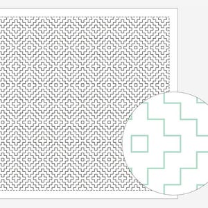 May include: A black and white geometric pattern with a repeating design of squares and lines. The pattern is outlined in black and is set against a white background.