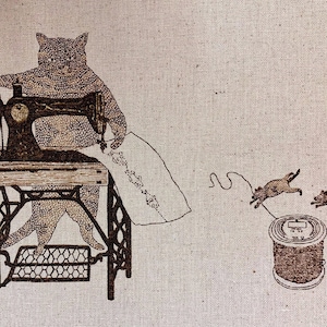 Purr-fect Stitches Cats with Sewing Machines Japanese cotton linen blend canvas 148-1800-3 pink brown