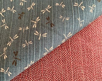 Double Sided Dragonfly and Same-Komon Japanese shantung cotton fabric Sevenberry 88235-2-4 slate blue red