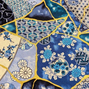 Senyo Patterned Kintsugi Collage Japanese cotton fabric SK-8600-1 C blue and white