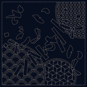 May include: A black and white sashiko embroidery pattern with geometric shapes and designs. The pattern includes a circle, a square, and a variety of other shapes. The pattern is stitched with a white thread on a black fabric.
