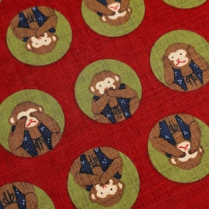 Hokkoh Three Wise Monkeys Japanese cotton dobby fabric 1024-130-3-A red
