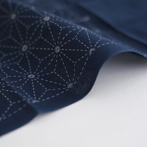 Puede incluir: Primer plano de una tela azul oscuro con un patr&oacute;n geom&eacute;trico blanco. La tela est&aacute; doblada y tiene una superficie suave y texturizada.