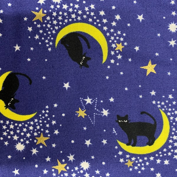 Black Cat on the Moon Kokka Japanese cotton fabric YQA-16010-1B blue yellow black gold