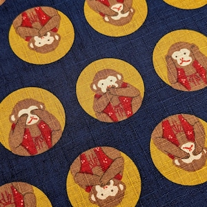 Hokkoh Three Wise Monkeys Japanese cotton dobby fabric 1024-130-3-D navy blue