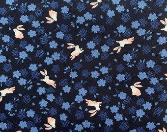 Rabbits and Cherry Blossoms Japanese cotton fabric 3060-27F blue