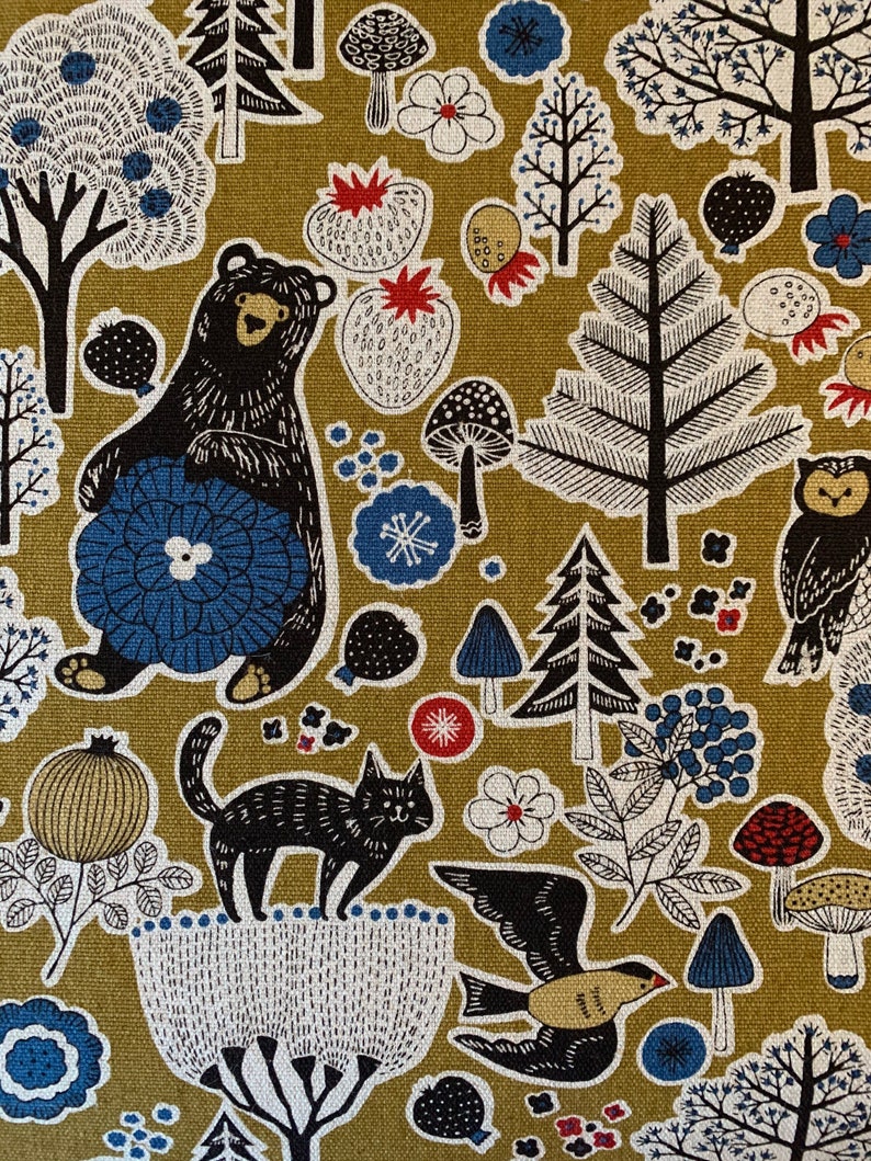 Bear and Forest Friends Cosmo Japanese cotton linen canvas fabric AP81303-2B mustard half yard