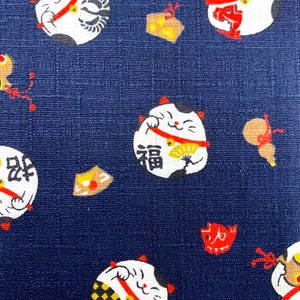 Neko Daruma Japanese cotton dobby fabric AP32702-2C navy blue