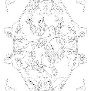 May include: A black and white line drawing of two birds perched on a vine with leaves. The birds are facing each other and have their wings spread out. The vine is surrounded by a border of leaves and grapes.
