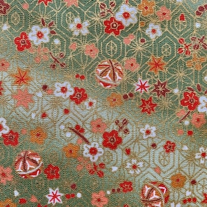 Temari and Blossoms Japanese cotton fabric 2200-81C green