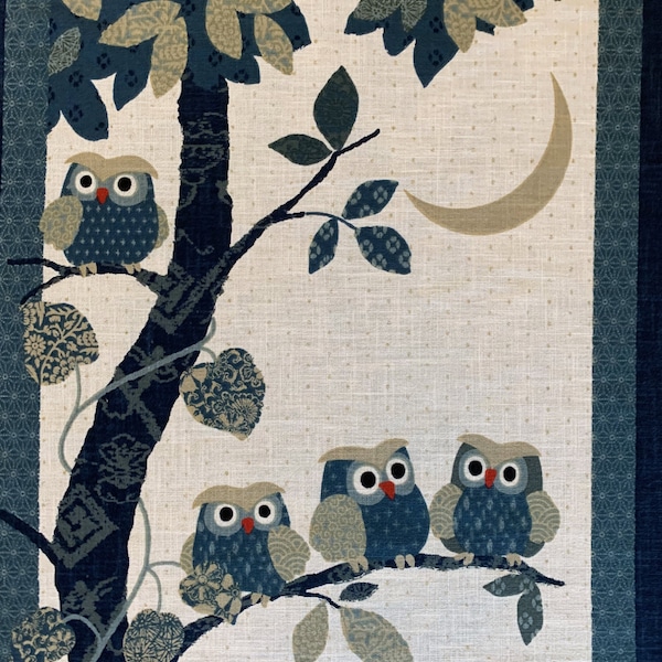 Giapponese noren pannello Happy Owls in a Tree KP7290-127 blu