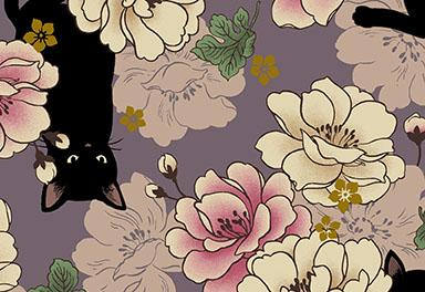 Quilt Gate Hyakka Ryoran NEKO black cats cotton fabric HR3110-11J lav…