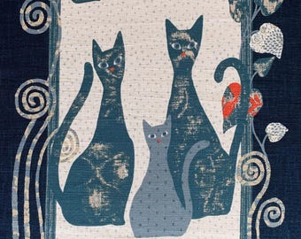 Japanese noren panel Tall Cats KP7290-122 blue