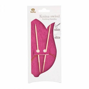 May include: A package of Tulip Knina Swivel Knitting Needles. The needles are made of wood and have a pink and white packaging with the words "Knina Swivel Knitting Needles" printed on the front.
