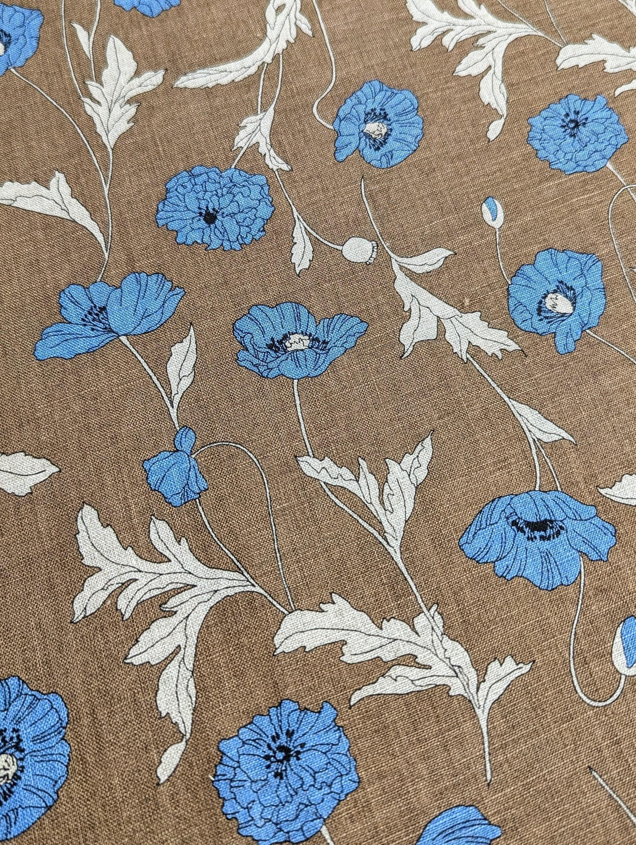 Summer Poppies Japanese Linen Fabric 7023-1710-2C Brown and Blue