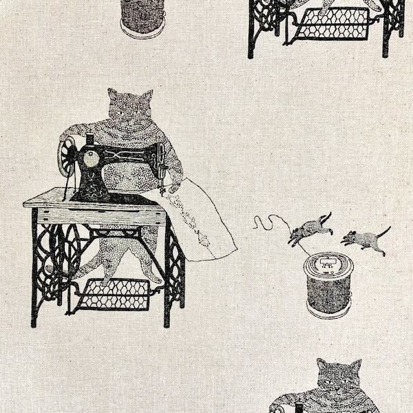 Purr-fect Stitches Cats with Sewing Machines Japanese cotton linen blend canvas 148-1800-2 beige black