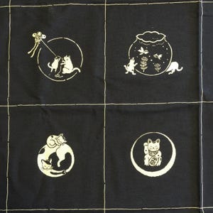 Japanese Neko Cat panel navy blue, black, or red cotton