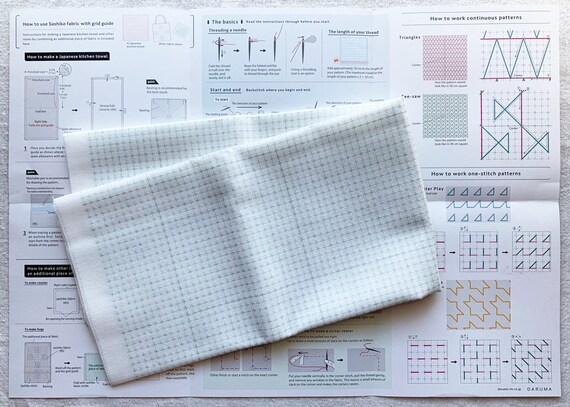 Sashiko kit, Yokota Sashiko Thread, Needles and Template Yume Fukin with  Original English Manual, Thimble Sewing Set, Fabric, Japanese Textile (Navy