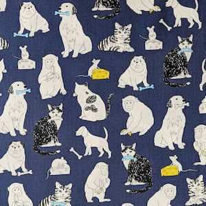 SALE Cats Dogs Mice and Monkeys Sevenberry Japanese cotton fabric 850352-2-4 navy blue HALF YARD