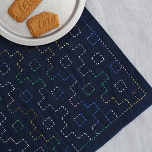 Puede incluir: Un mantel individual de tela azul oscuro con un patr&oacute;n geom&eacute;trico de costuras de colores. El mantel individual est&aacute; sobre una superficie blanca con dos galletas en un plato de plata.