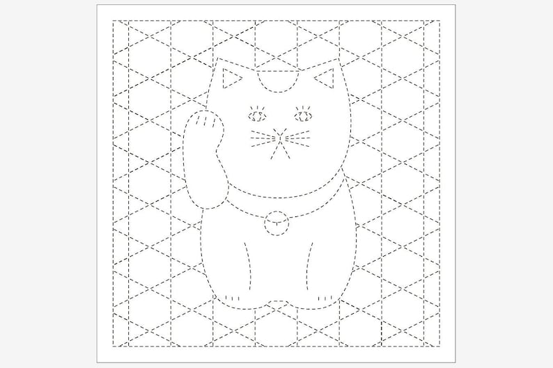 Puede incluir: Un dibujo en blanco y negro de un gato con una campana alrededor del cuello. El gato est&aacute; de pie sobre una cuadr&iacute;cula de diamantes.