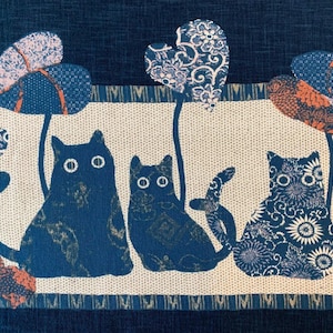 Japanese noren panel Cat Family KP7290-117 blue