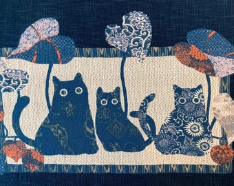 Japanese noren panel Cat Family KP7290-117 blue