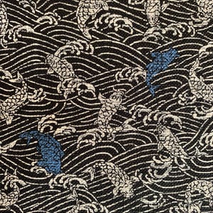 Sevenberry Koi carp fish and waves Japanese cotton fabric 88335-1-3 black beige blue