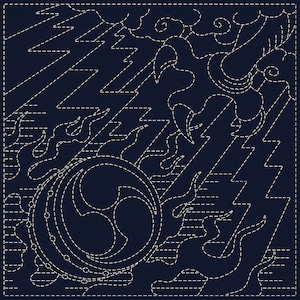 May include: A dark blue fabric with a white stitched design of a drum, lightning bolts, and swirls. The design is reminiscent of a traditional Japanese art style.