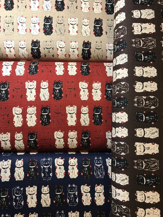 Cosmo Lucky Cats Maneki Neko 招き猫 Japanese Cotton Dobby Fabric