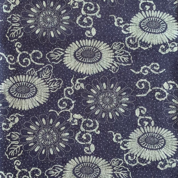 look vintage chrysanthème Tissu coton japonais naturel aizome indigo bleu gris