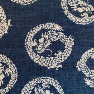 Hand stenciled Dragons Japanese cotton fabric KP7070-5-A blue beige - half yard