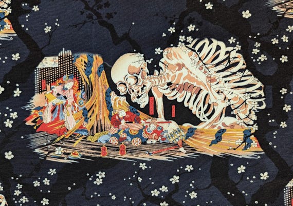 Gashadokuro Yōkai Japanese Rayon Fabric 5-WAGARA-IJ-2 D Blue