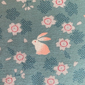 Rabbits and Cherry Blossoms Japanese cotton fabric 3060-27C teal seafoam