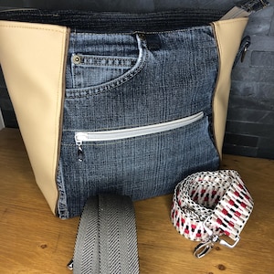 Shoulder bag, jeans bag with leather, unique women&#39;s bag made of recycled jeans with geometric design