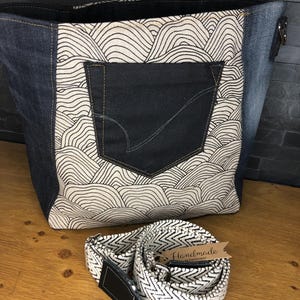 Shoulder bag, denim bag with canvas, unique women&#39;s bag made of recycled jeans with geometric design