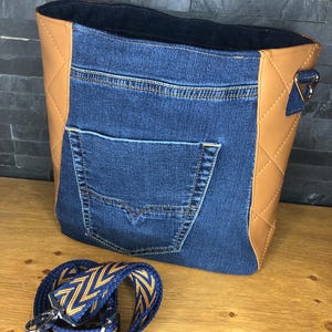 Shoulder bag, jeans bag with leather, unique women&#39;s bag made of recycled jeans with geometric design