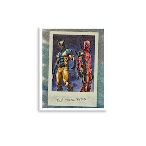 Puede incluir: Un dibujo de Wolverine y Deadpool de pie uno al lado del otro. El dibujo está en un marco Polaroid con el texto "Best Friends Forever" escrito debajo de la imagen.