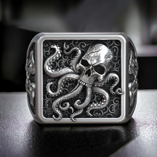 Octopus Skull Tentacle Sea Ornament 925 Sterling Silver Signet Ring – Unique Maritime Gothic-Inspired Jewelry