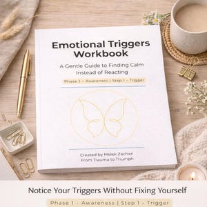 May include: A white workbook titled "Emotional Triggers Workbook" with gold text and a butterfly graphic. The book is open, displaying text about finding calm. A gold pen, paper clips, and a cup of coffee are also visible.