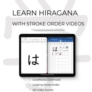 Puede incluir: Una tableta negra muestra caracteres japoneses Hiragana e instrucciones de orden de trazo. La pantalla muestra el carácter "ha" y el texto "LEARN HIRAGANA WITH STROKE ORDER VIDEOS". El texto adicional incluye "GoodNotes Optimized", "Looping Stroke Order" y "QR Video Access".