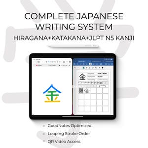Komplett japanskt skrivsystem | Videor med direkta teckensnitt och individuella QR-koder | Hiragana + Katakana + JLPT N5 Kanji för GoodNotes