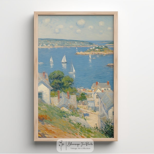 Coastal Town Vintage Oil Painting, Relaxing Beach Vibe Timeless Antique Wall Art, Neutral Gallery Art, PRINTABLE Digital Downloadable Custom