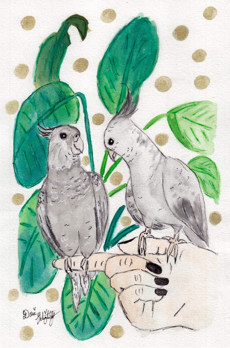 cute bird painting custom pet art Cockatiels And Botanical Original Watercolor Painting bird wall art kitschy bird art gift for her