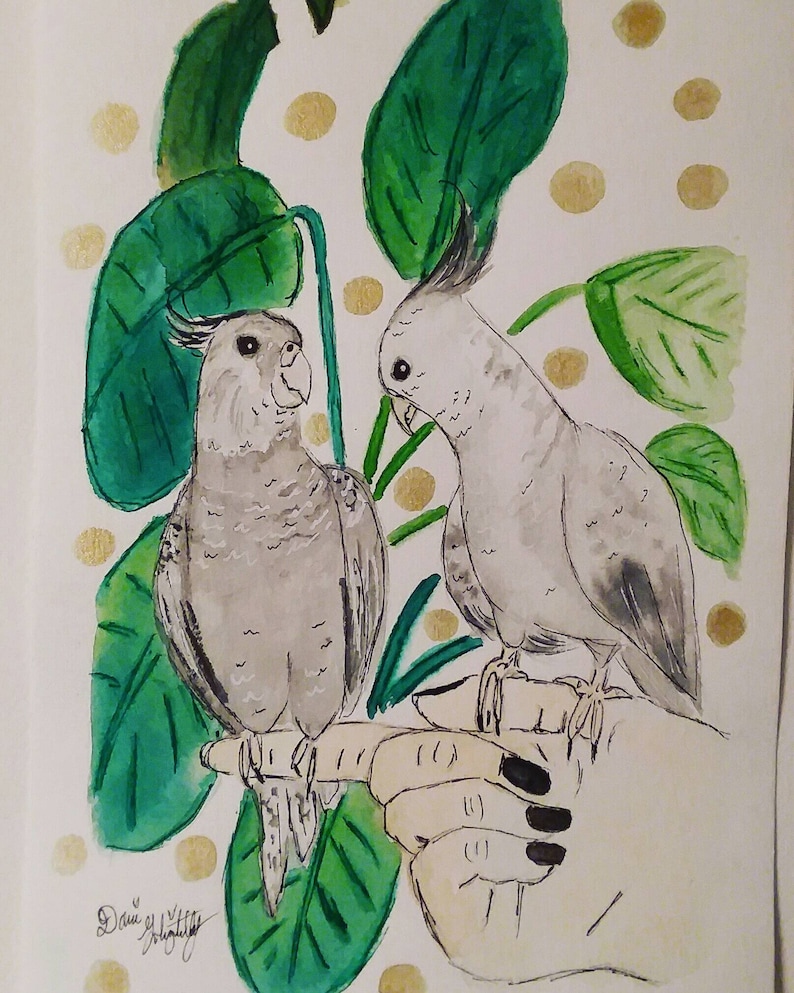 cute bird painting custom pet art Cockatiels And Botanical Original Watercolor Painting bird wall art kitschy bird art gift for her