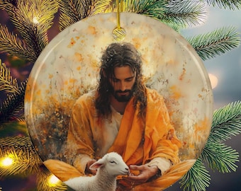 JESUS AND LAMB Christmas Ornament Ceramic Jesus Christ Xmas Tree Ornament Jesus with Lamb Christian Gift for Christmas Jesus Ornament Gift